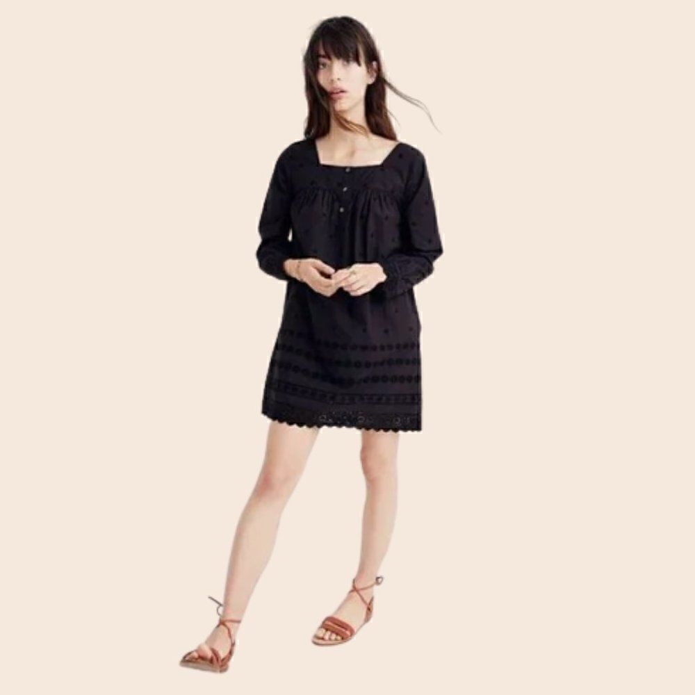 Madewell Black Embroidered Eyelet Shift Cotton Mini Dress Size Extra Small